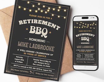Uitnodiging pensioen BBQ | Uitnodiging voor Rustiek Pensioenfeest Man | Afdrukbare en bewerkbare sjabloon voor telefoon | Directe download FES1