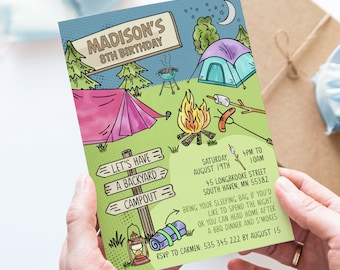 Backyard Campout Birthday Invitation | Girl Camping Birthday Party Invite | Printable Editable Template | Instant Download CAM1