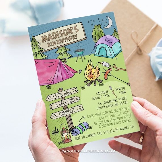 Backyard Campout Birthday Invitation | Girl Camping Birthday Party Invite | Printable Editable Template | Instant Download CAM1