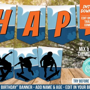 Baner urodzinowy na imprezę skateboardingową, baner urodzinowy skateboardowy, dodaj imię i wiek, natychmiastowe pobranie Skater Bunting, Corjl, SK1