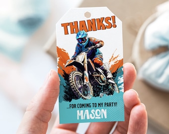 Tacketiketter för födelsedagspresenter till motocross | Mall för festetiketter till dirt bike | Redigerbar utskrivbar | Direkt nedladdning