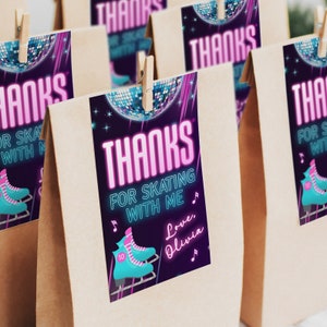 Thank You For Coming Gift Tag Ice Skating Party Favor Tag Ice Skate Neon Glow Birthday Tags EDITABLE Instant Download Corjl ICE1