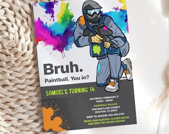 Editable Paintball Invitation Template Bruh Boy Paintball Party Invite Paint Splats Teen Paintballer Instant Download Corjl PAI1