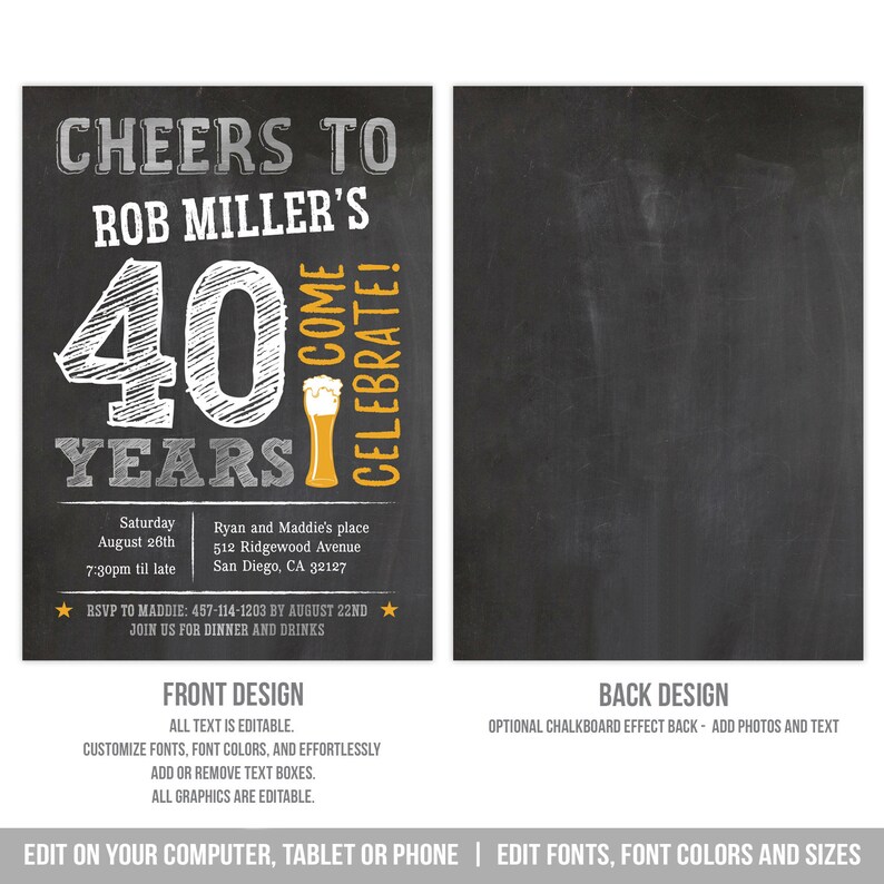 40th Birthday Invitation Man Cheers to 40 Years Birthday Invite Silver Chalkboard EDITABLE Printable Instant Download Corjl MS40 image 4