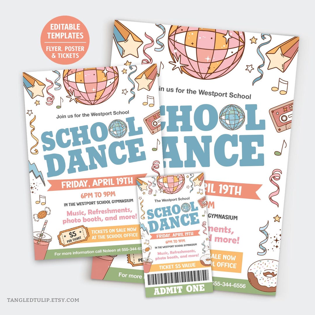 School Dance Flyer and Tickets | School Event Disco Dance Poster ...