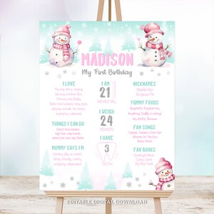 Editable Winter Theme 1st Birthday Milestones Poster. First Birthday Snowman Milestone Sign for Girl. Instant Download. Corjl WIN1