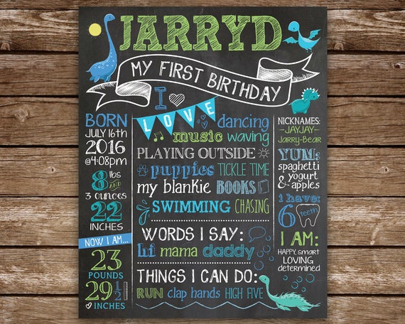 Dinosaur 1st Birthday Chalkboard, First Birthday Chalk Poster, Dinosaur Theme Chalkboard Printable Sign, Dinosaur Party, Dino Poster Il_570xn