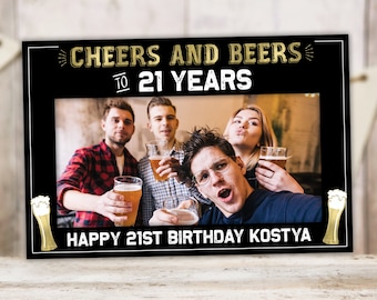 21st Birthday Photo Prop Frame | Cheers and Beers Gold Man Party Selfie Frame | Printable Editable Template | Instant Download GB21