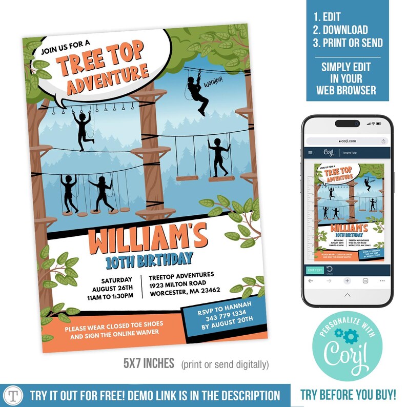 Invitation Cards Using Ropes Rope Course Birthday Invitation | Boy Zipline Tree Top Adventure Party ...