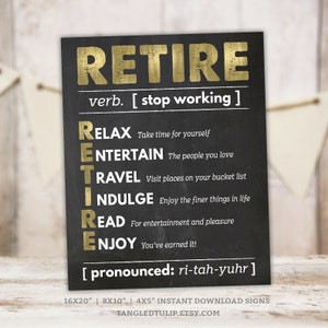Signification du dictionnaire de signe de fête de la retraite de la décoration de tableau doré imprimable de la retraite en téléchargement numérique RE1