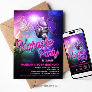 Karaoke Birthday Invitation, Karaoke Party Invite with Champagne, Woman Karaoke Invitation Template, Digital Karaoke Invite in Hot Pink KAR1