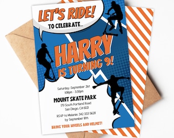 May include: A blue and orange birthday invitation with a comic book style design. It says "Let's Ride! To Celebrate... Harry is Turning 9!" and includes details about the party, including the date, time, location, and RSVP information. It also says "Bring your wheels and helmet!"
