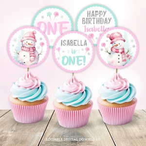 Winter ONEderland 1st Birthday Cupcake Toppers Snowman Winter Wonderland, Girl Candy Lollipops EDITABLE Any Age Digital Download Corjl WIN1