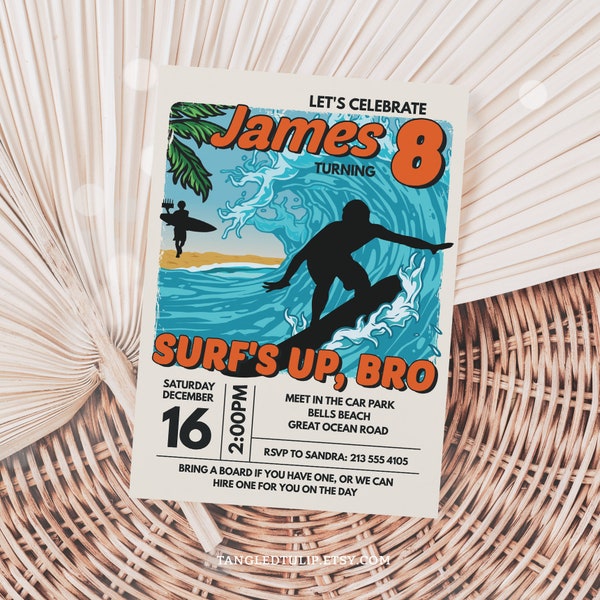 Surfen verjaardagsuitnodiging voor jongens, Surfs Up Bro Party uitnodigen, Surf verjaardag, Instant Download Surf Party uitnodiging sjabloon Corjl SO1