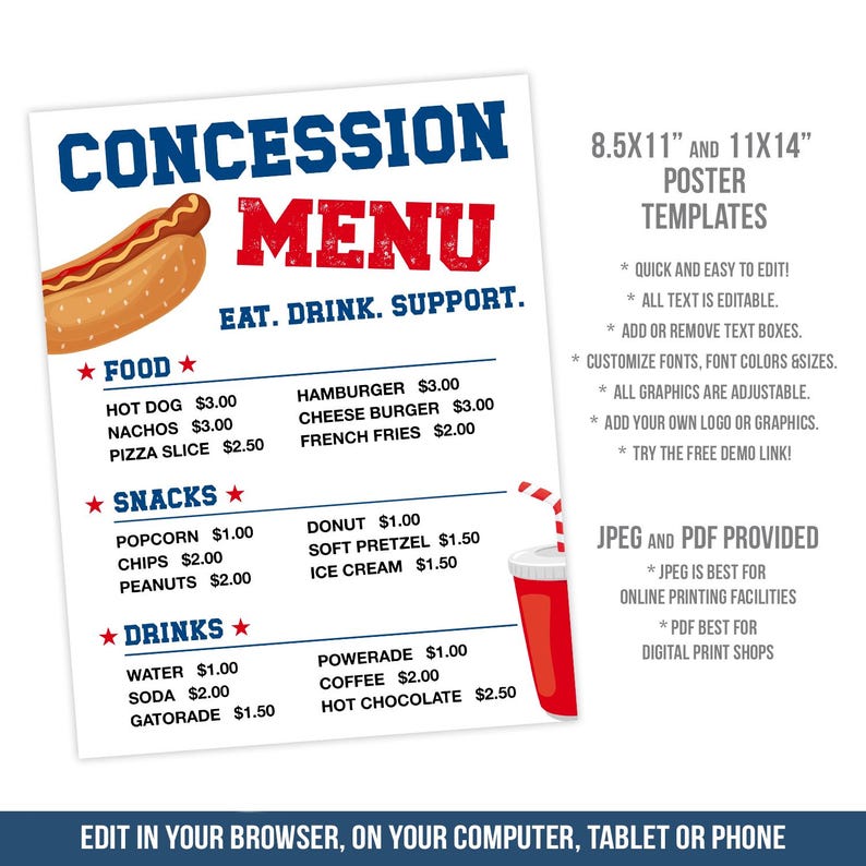 Concession Menu Poster | Sports or Event Refreshment Stand Price List ...