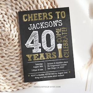 Cheers to 40 Years Beer Birthday Invitation card. Gold and white on a chalkboard effect background, with a glass of beer.