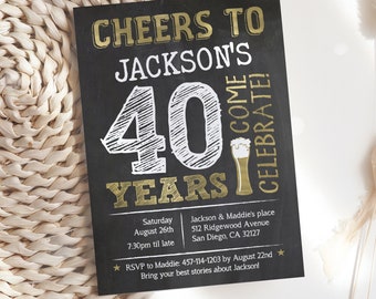Editable 40th Birthday Invitation Man Adult Any Age Cheers to 40 Years Party Invite Gold Beer Chalkboard PRINTABLE Corjl BG40 BG50 BG60