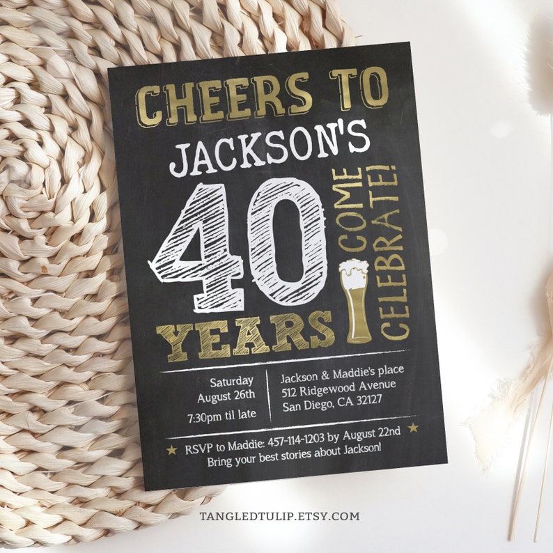 Cheers to 40 Years Beer Birthday Invitation card. Gold and white on a chalkboard effect background, with a glass of beer.