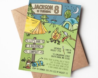 Invitación de cumpleaños para campamento / Invitación para fiesta de cumpleaños de niño en el patio trasero / Plantilla imprimible y editable / Descarga instantánea CAM1