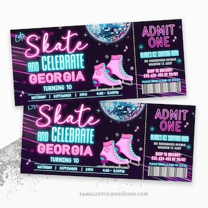 Bearbeitbares Eislaufen-Geburtstagseinladungsticket, Schlittschuh-Party-Kartenvorlage, Mädchen-Eislaufen-Digital-Einladung, Disco-Kugel, Corjl ICE1