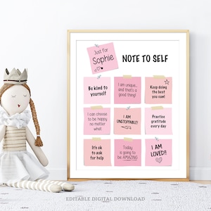 EDITABLE Affirmations for Kids, Daily Self Affirmations, Note to Self Poster Sign Encouragement Notes Girls, Instant Download, Corjl NOT1