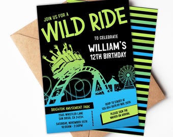May include: A black and green invitation with a roller coaster graphic. The text reads "Join us for a Wild Ride to Celebrate William's 12th Birthday". The invitation includes details for a birthday party at Brighton Amusement Park on Saturday, November 25th from 10:00 AM to 2:30 PM.