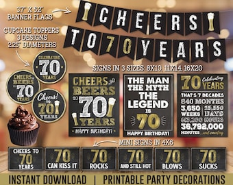 70th Birthday Decorations Gold Cheers to 70 Years Beer Party Decor Him Man Myth Legend Download Digital PRINTABLE BG70