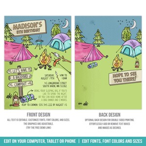 K&ouml;nnte beinhalten: Eine farbenfrohe Einladung zu einer Geburtstagsfeier mit &Uuml;bernachtung im Garten. Die Einladung zeigt eine Comic-Illustration eines Lagerfeuers, Zelte und ein Schild mit der Aufschrift "Let's Have a Backyard Campout". Der Text auf der Einladung lautet "Madison's 8th Birthday" und enth&auml;lt Datum, Uhrzeit und Ort der Party. Die Einladung enth&auml;lt auch den Text "Hope to see you there!"