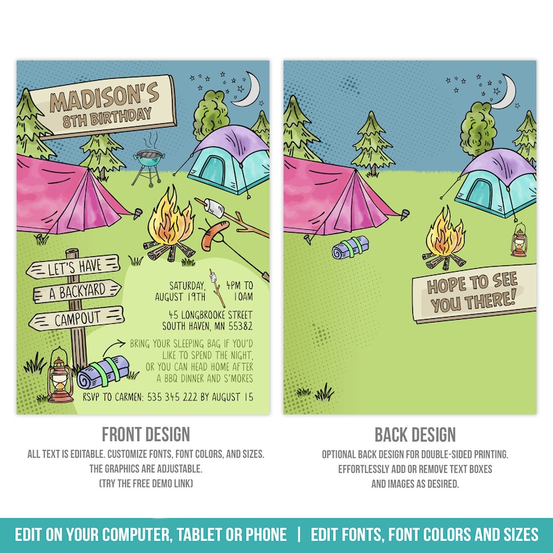 K&ouml;nnte beinhalten: Eine farbenfrohe Einladung zu einer Geburtstagsfeier mit &Uuml;bernachtung im Garten. Die Einladung zeigt eine Comic-Illustration eines Lagerfeuers, Zelte und ein Schild mit der Aufschrift "Let's Have a Backyard Campout". Der Text auf der Einladung lautet "Madison's 8th Birthday" und enth&auml;lt Datum, Uhrzeit und Ort der Party. Die Einladung enth&auml;lt auch den Text "Hope to see you there!"