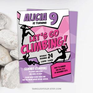 Invitación de cumpleaños de escalada en roca editable chica clip interior fiesta de escalada invitación púrpura IMPRIMIBLE Descarga instantánea Corjl CL3