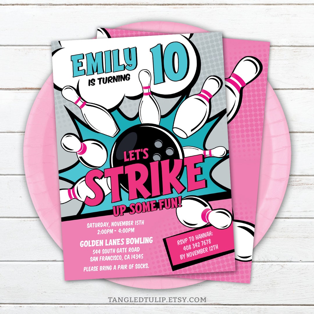 Editable Bowling Birthday Invitation Girl Strike up Some Fun Bowl Party