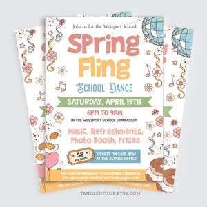 Spring Fling Flyer, Editable Spring Fling School Dance Fundraiser Template, Invitation Flyer and Poster Templates SPR1