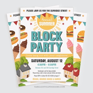 Modèle de Flyer de fête de quartier, faire-part de quartier modifiable, Flyer barbecue d'été annuel, Corjl
