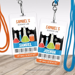 Insignias de identificación para fiestas científicas, científico loco VIP, cordón para cumpleaños de niño científico, editable, descarga digital, insignia de identificación, Corjl SCI1