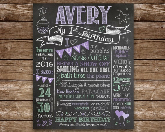 1st Birthday Chalkboard, 1st Birthday Girl, First Birthday, Chalkboard printable, Baby Girl Birthday, Purple, Mint, Silver Il_570xn