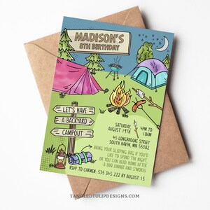 Campout party invitation for girls. Backyard camping with tents, a campfire and sleeping bag. Template to Edit in Corjl. By Tangled Tulip Designs.