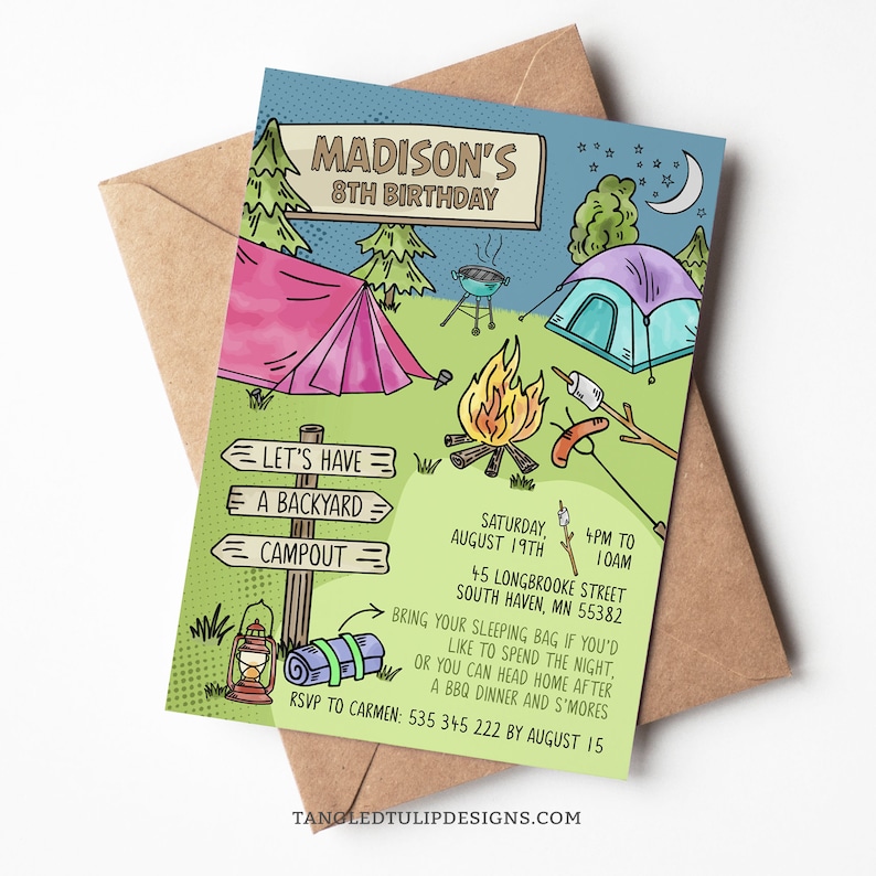 Campout party invitation for girls. Backyard camping with tents, a campfire and sleeping bag. Template to Edit in Corjl. By Tangled Tulip Designs.