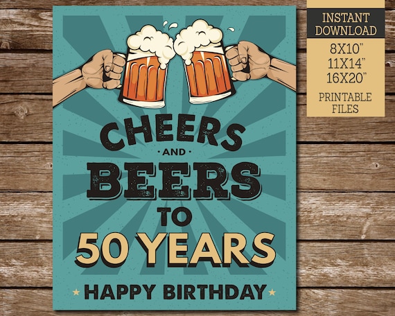 Cheers to 50 Years Printable Sign, 50th Birthday Sign, Cheers and Beers, Vintage Retro Style, Printable 8x10, 11x14, 16x20, Instant Download Il_570xn