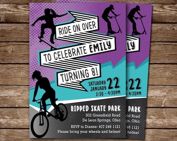 Biking BMX party invitation for girls, extreme bike invitation girls, Scooter Skateboard BMX birthday invite, DIGITAL Invitation Il_570xn