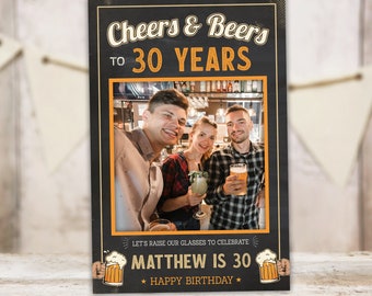 40th Birthday Photo Prop Frame | Cheers and Beers Vintage Man Party Selfie Frame | Printable Editable Template | Instant Download BV40