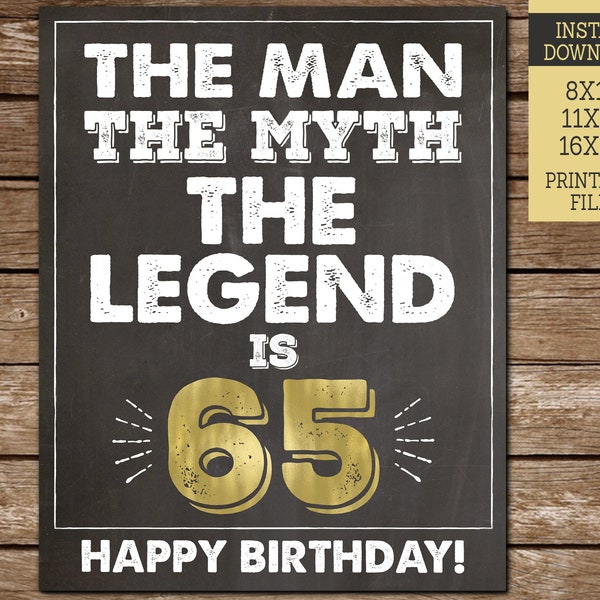 Signe d’anniversaire 65th pour les hommes, L’homme Le mythe La légende, Joyeux 65e anniversaire, Téléchargement instantané, Décor de fête IMPRIMABLE, Or