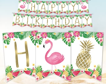 Tropical Happy Birthday Banner DIY Bunting Flamingo Pineapple Party Decorations PRINTABLE Instant Download TR1