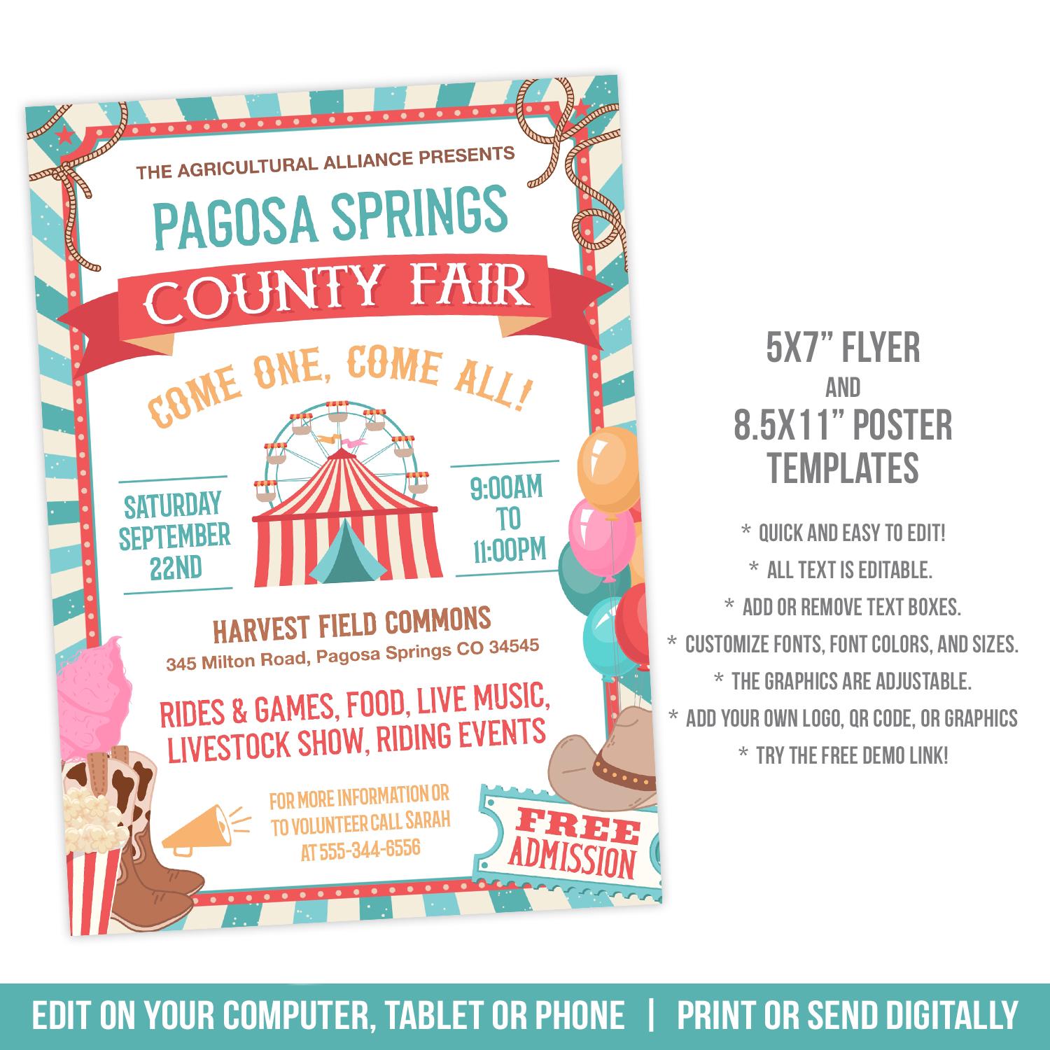 County Fair Flyer | Community Fun Fair Event Poster | Printable ...