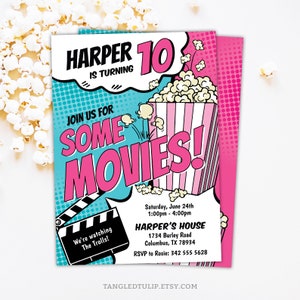 Movies Birthday Invitation card for Home Movie Party Popcorn Clapper Board EDITABLE Invite Girl Pink Instant Download PRINTABLE Corjl MO2