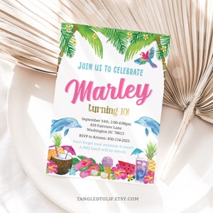 Dolphin Tropical Birthday Invitation Girl Dolphins Summer Party Invite Ice Cream Pineapple Instant Download EDITABLE Printable Corjl DO1