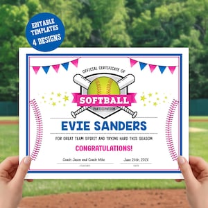 Puede incluir: Un certificado de participación en softbol con un borde rosa y azul. El certificado presenta un gráfico de softbol y bates, el texto "SOFTBALL PARTICIPATION" y el nombre "EVIE SANDERS". El certificado incluye el texto "¡FELICIDADES!"