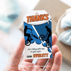 Modello di tag di ringraziamento per feste in bicicletta modificabile, tag per bomboniere per feste in bicicletta BMX per ragazzi, tag stampabili arancioni e blu, download immediato Corjl BS4
