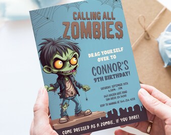 May include: A blue and green zombie birthday party invitation featuring a cartoon zombie character. The invitation reads "Calling all Zombies" and "Drag yourself over to Connor's 9th Birthday!"  The invitation includes the date, time, address, and RSVP information.
