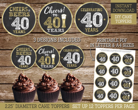 40th Birthday Cupcake Toppers, PRINTABLE Cupcake Toppers for Cheers to 40 Years, 40th Birthday Decorations, Instant Download Il_570xn