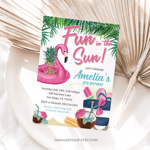 Fun in the Sun Invitation Editable Summer Pool Beach Party Invite Flamingo Floaty Pineapple Instant Download PRINTABLE Corjl TR2